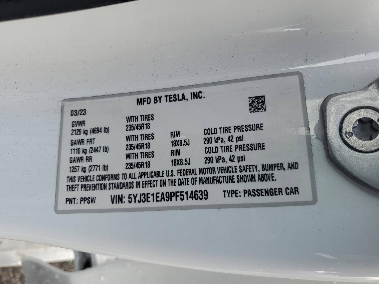 2023 TESLA MODEL 3 VIN:KL79MSSL9MB160948