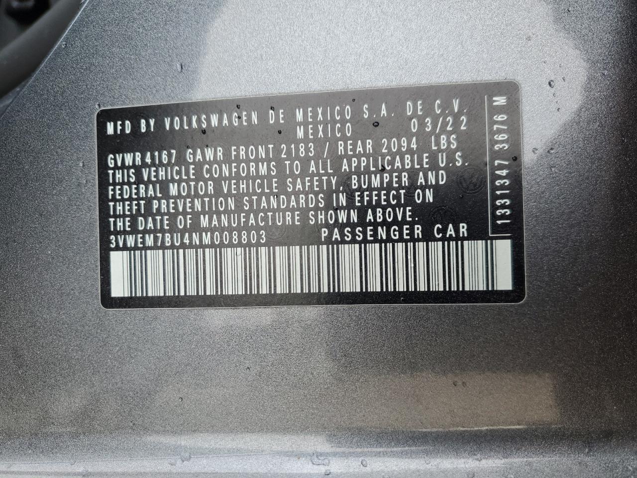 2022 VOLKSWAGEN JETTA SE VIN:3VWEM7BU4NM008803