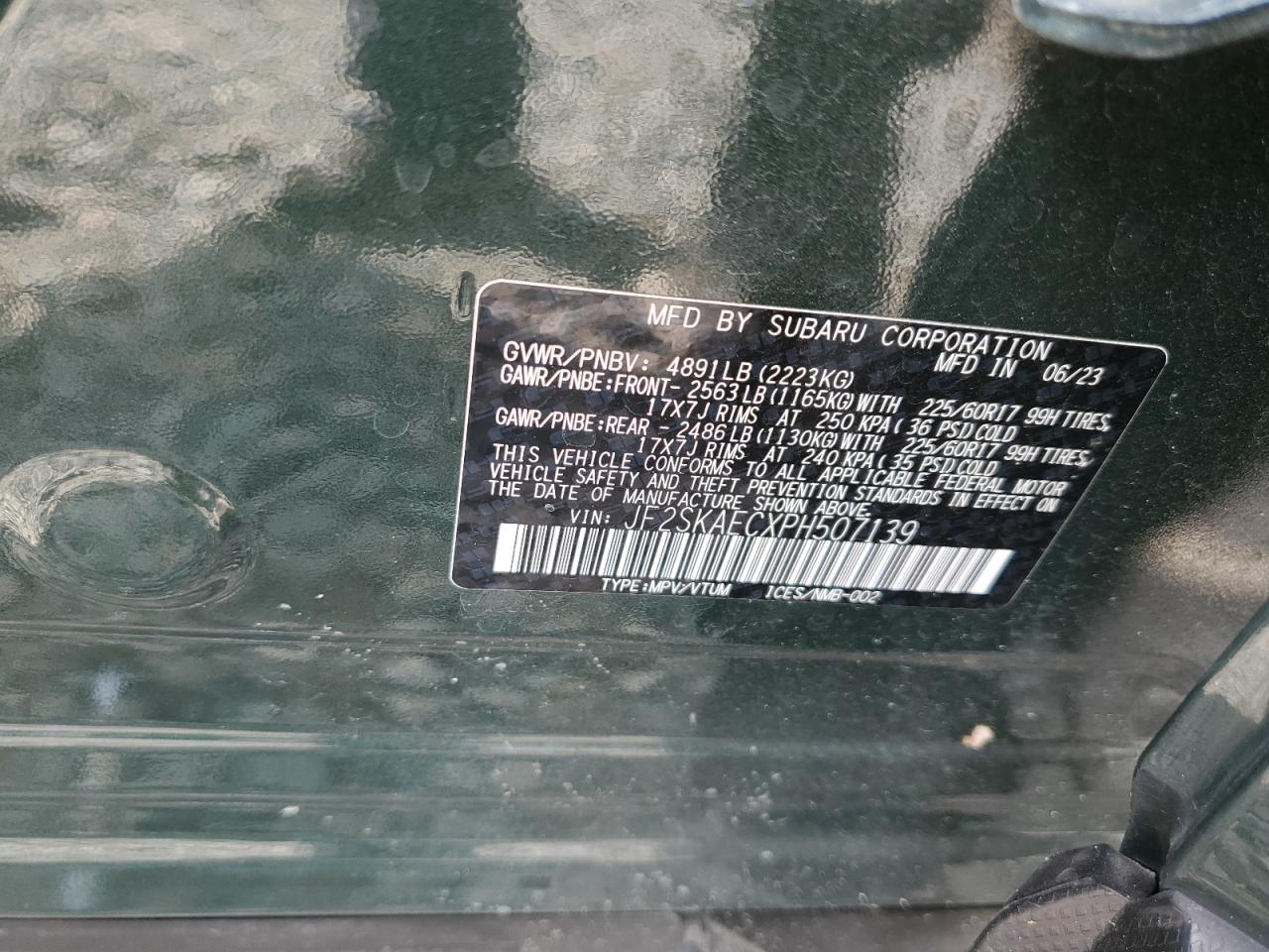 2023 SUBARU FORESTER PREMIUM VIN:JF2SKAECXPH507139