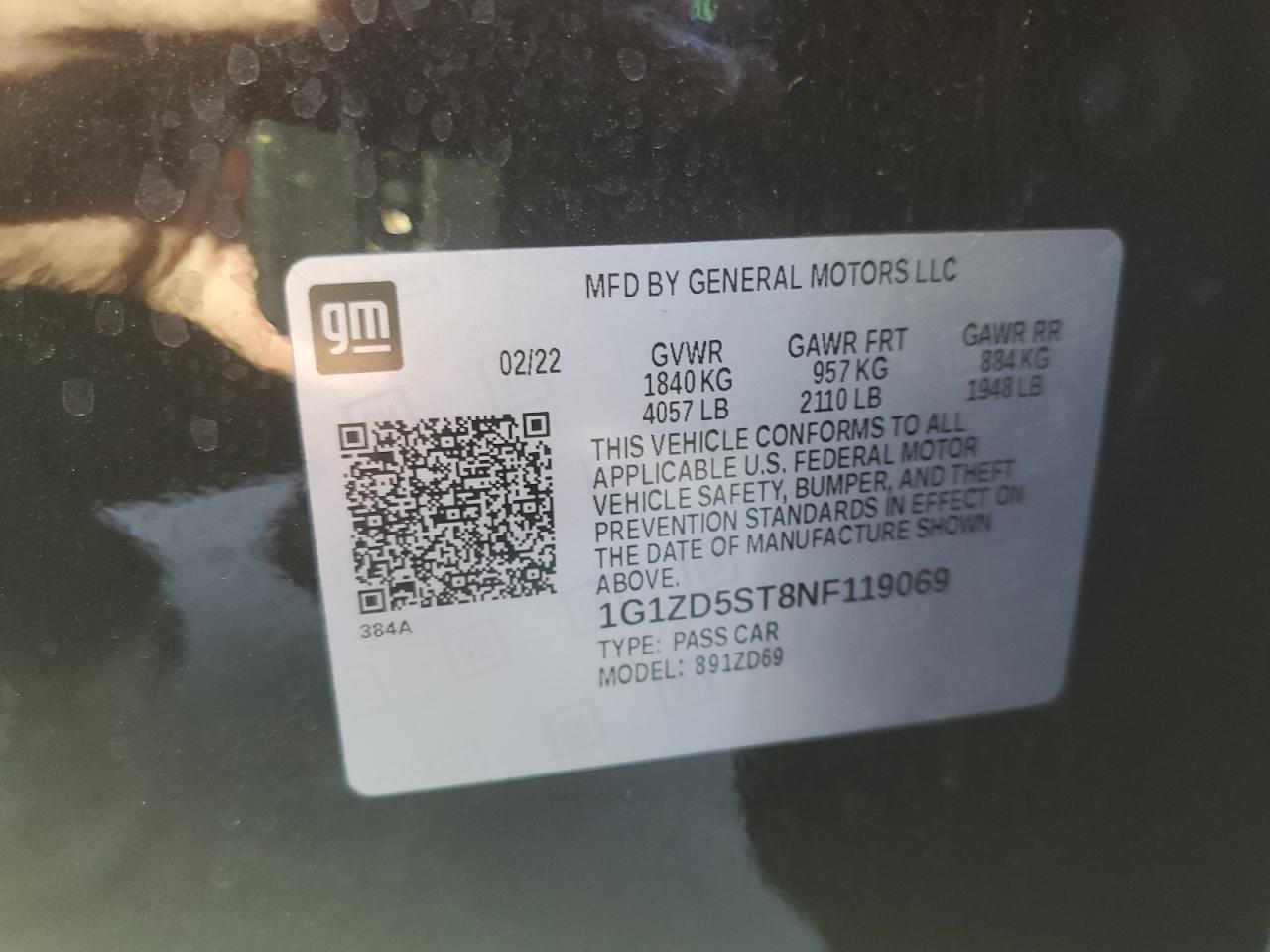 2022 CHEVROLET MALIBU LT VIN:1G1ZD5ST8NF119069