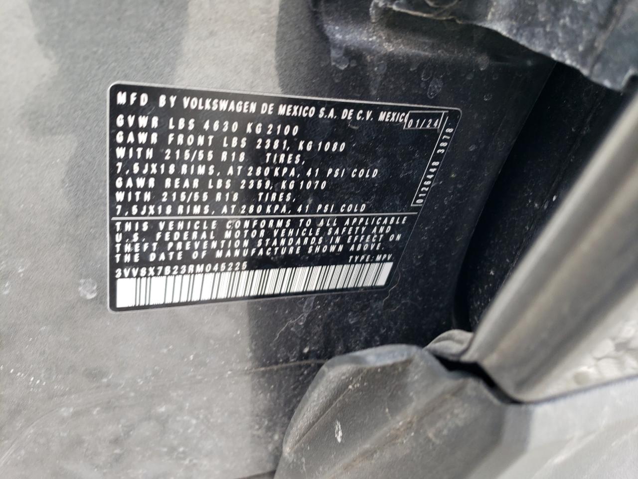 2024 VOLKSWAGEN TAOS S VIN:3VV8X7B23RM045225