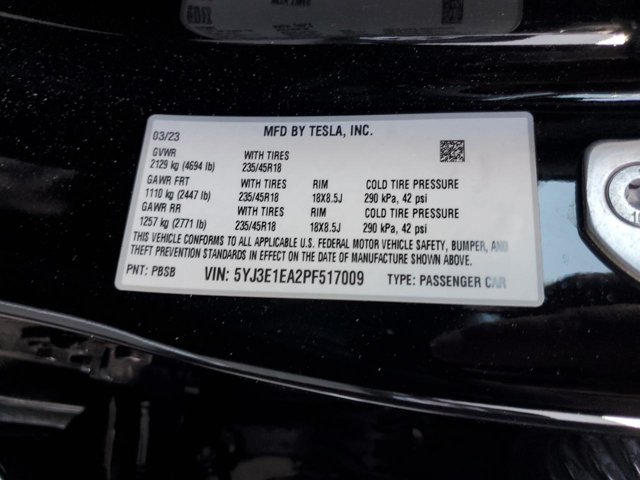 2023 TESLA MODEL 3 VIN:5YJ3E1EA2PF517009