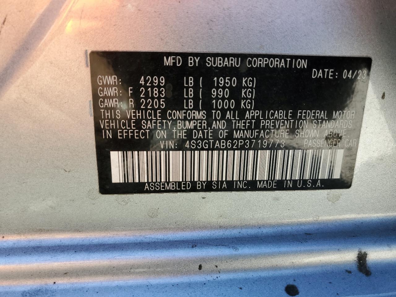 2023 SUBARU IMPREZA VIN:4S3GTAB62P3719773