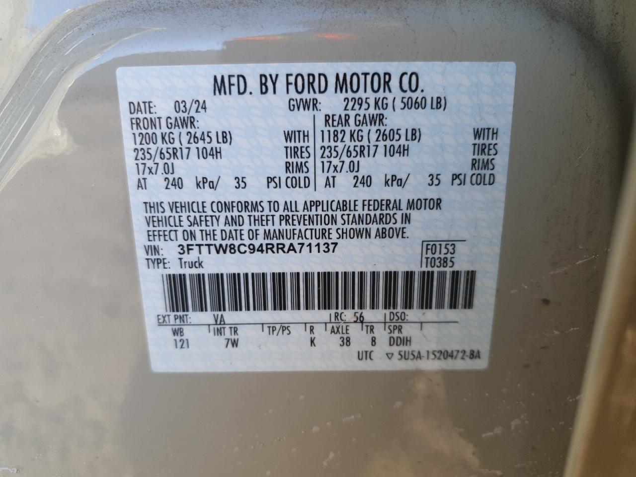 2024 FORD MAVERICK XLT TREMOR VIN:3FTTW8C94RRA71137