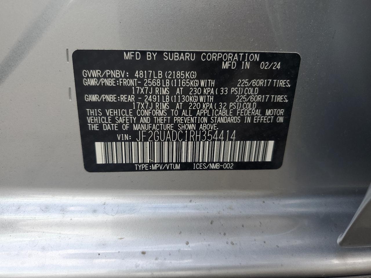2024 SUBARU CROSSTREK PREMIUM VIN:JF2GUADC1RH354414
