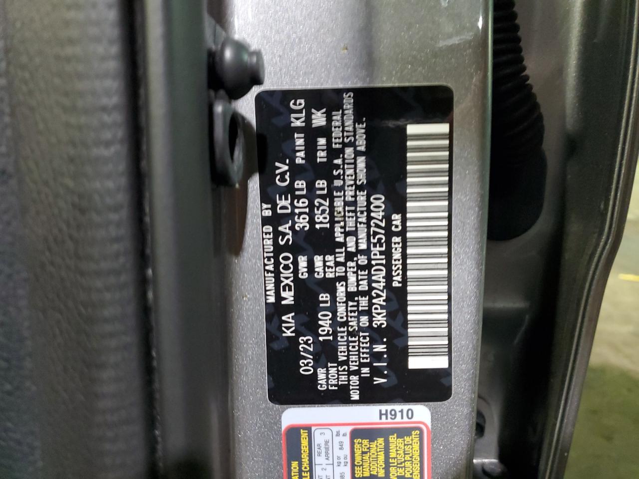 2023 KIA RIO LX VIN:3KPA24AD1PE572400