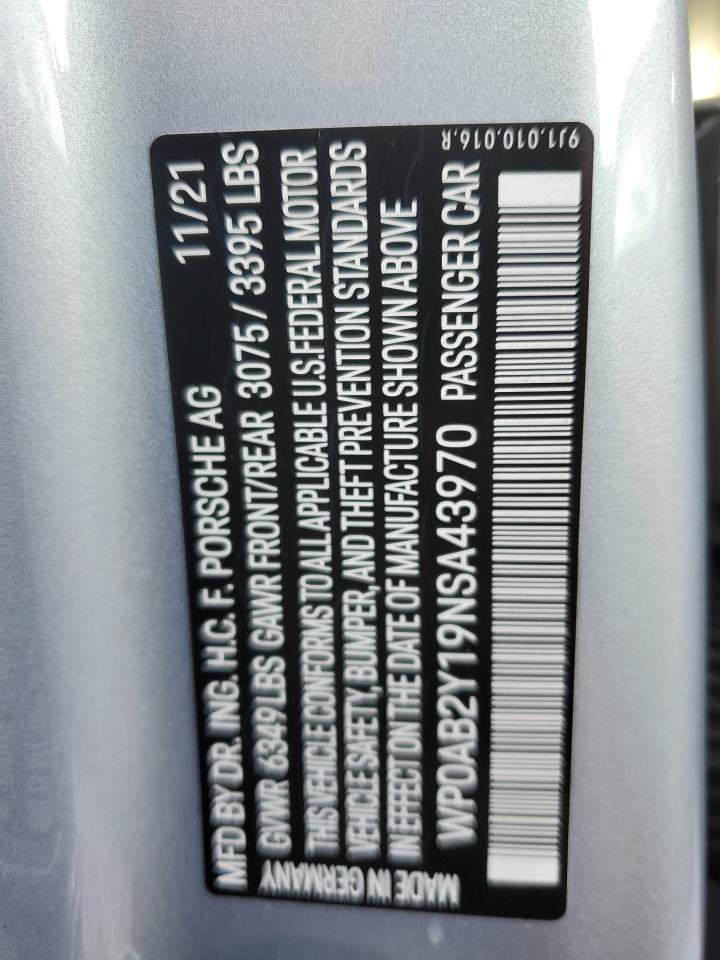 2022 PORSCHE TAYCAN 4S VIN:WP0AB2Y19NSA43970