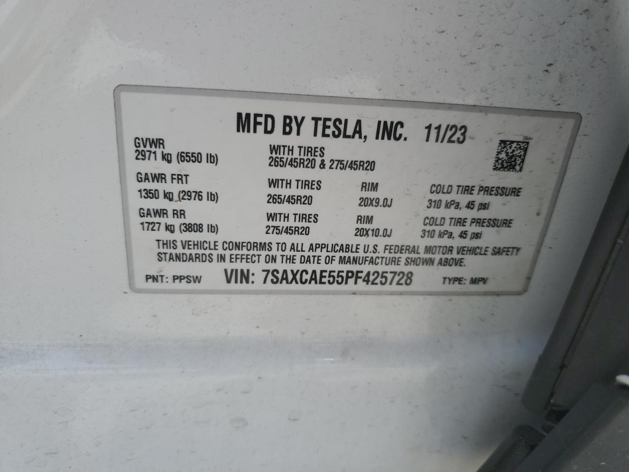 2023 TESLA MODEL X VIN:7SAXCAE55PF425728