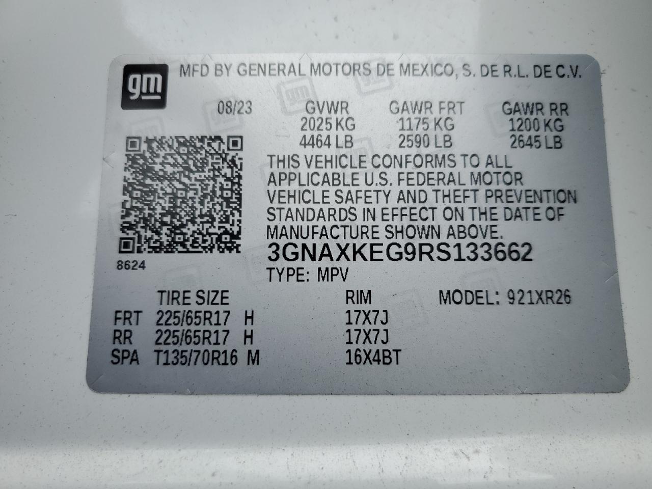 2024 CHEVROLET EQUINOX LT VIN:3GNAXKEG9RS133662