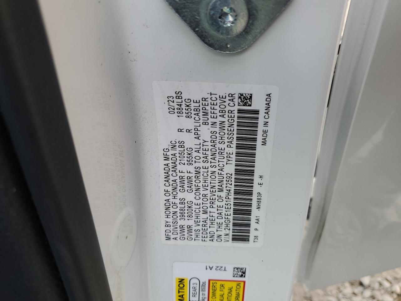 2023 HONDA CIVIC SI VIN:2HGFE1E51PH472592