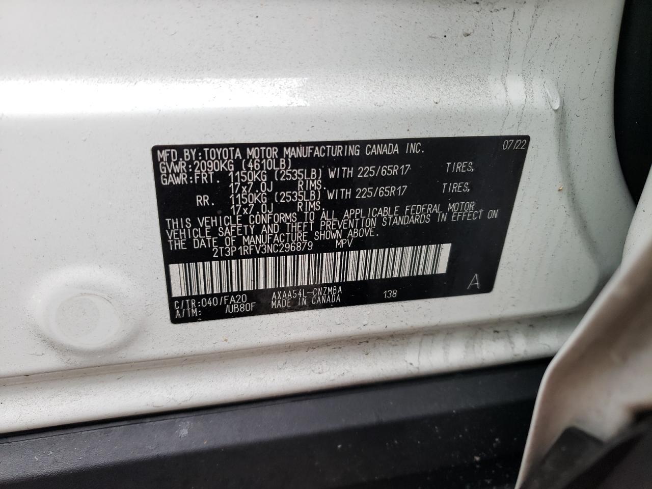 2022 TOYOTA RAV4 XLE VIN:2T3P1RFV3NC296879