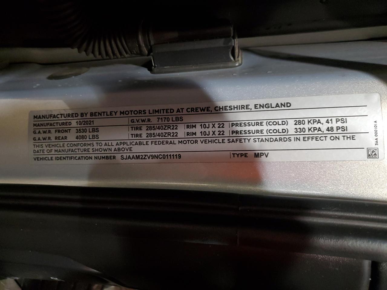 2022 BENTLEY BENTAYGA VIN:SJAAM2ZV9NC011119