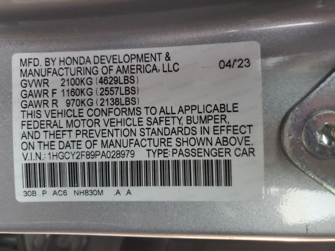 2023 HONDA ACCORD TOURING HYBRID VIN:1HGCY2F89PA028979
