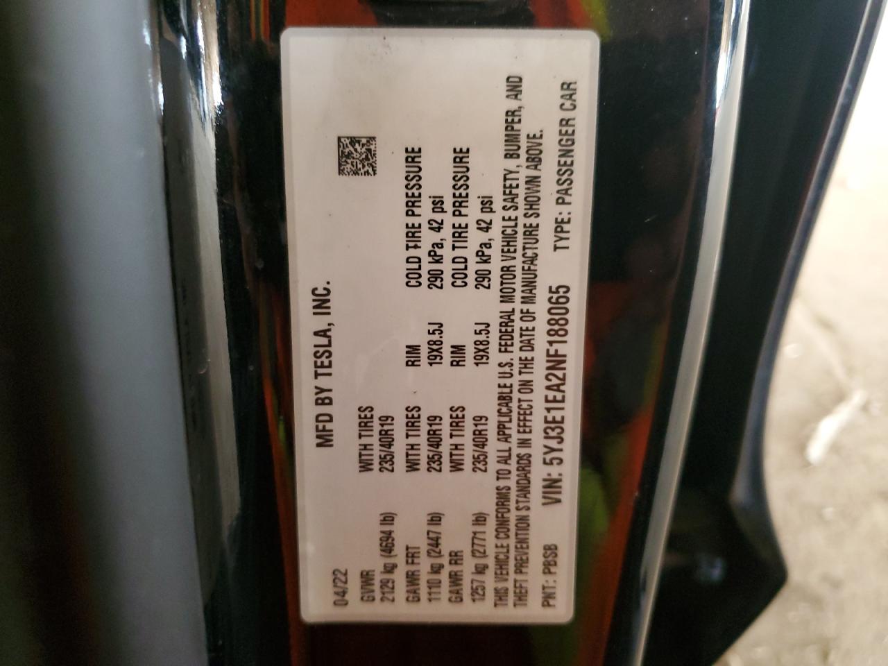 2022 TESLA MODEL 3 VIN:5YJ3E1EA2NF188065