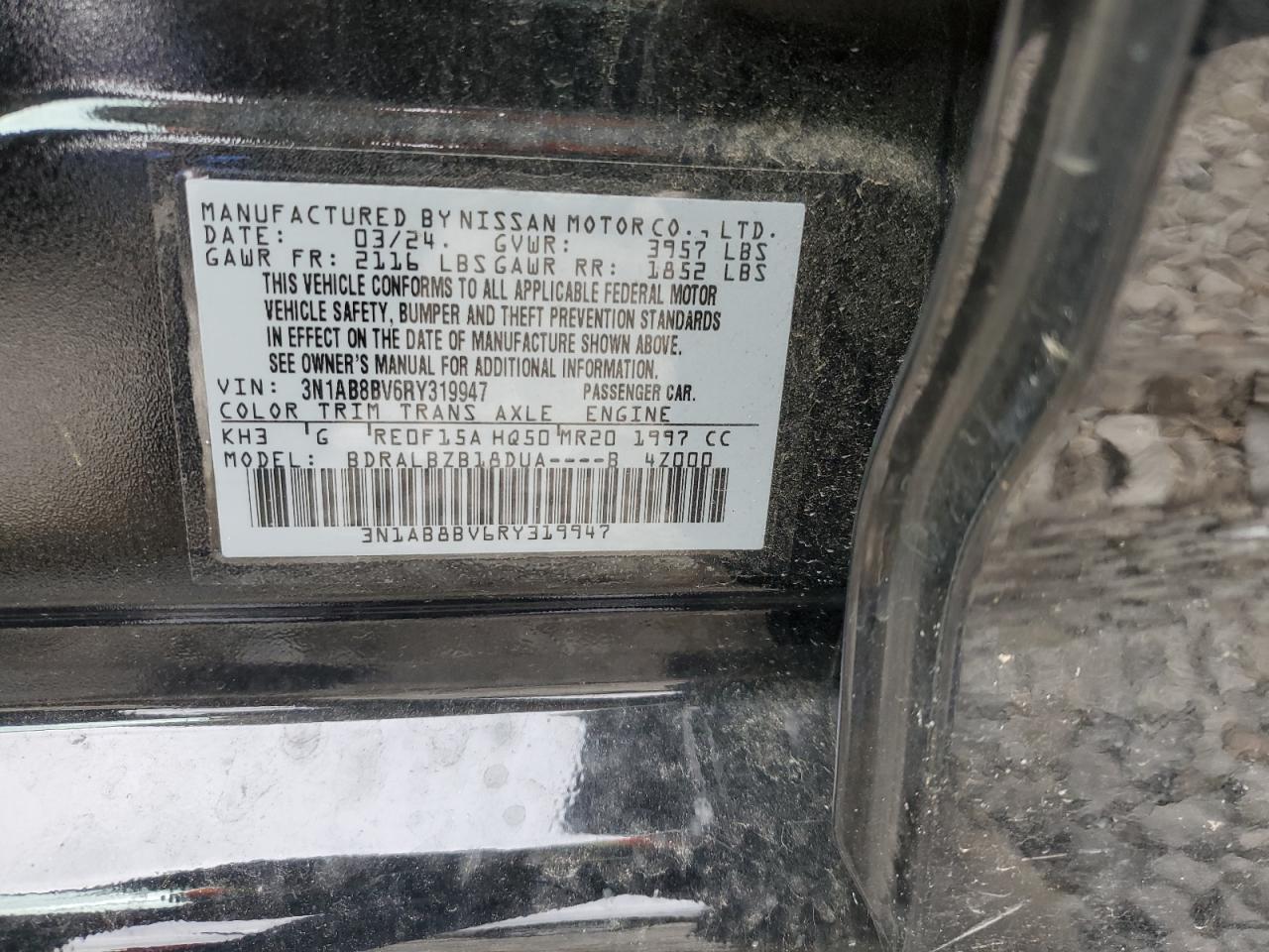 2024 NISSAN SENTRA S VIN:3N1AB8BV6RY319947