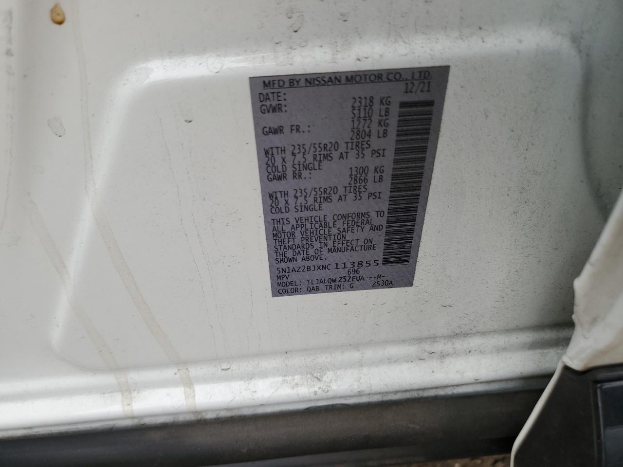 2022 NISSAN MURANO SV VIN:5N1AZ2BJXNC113855