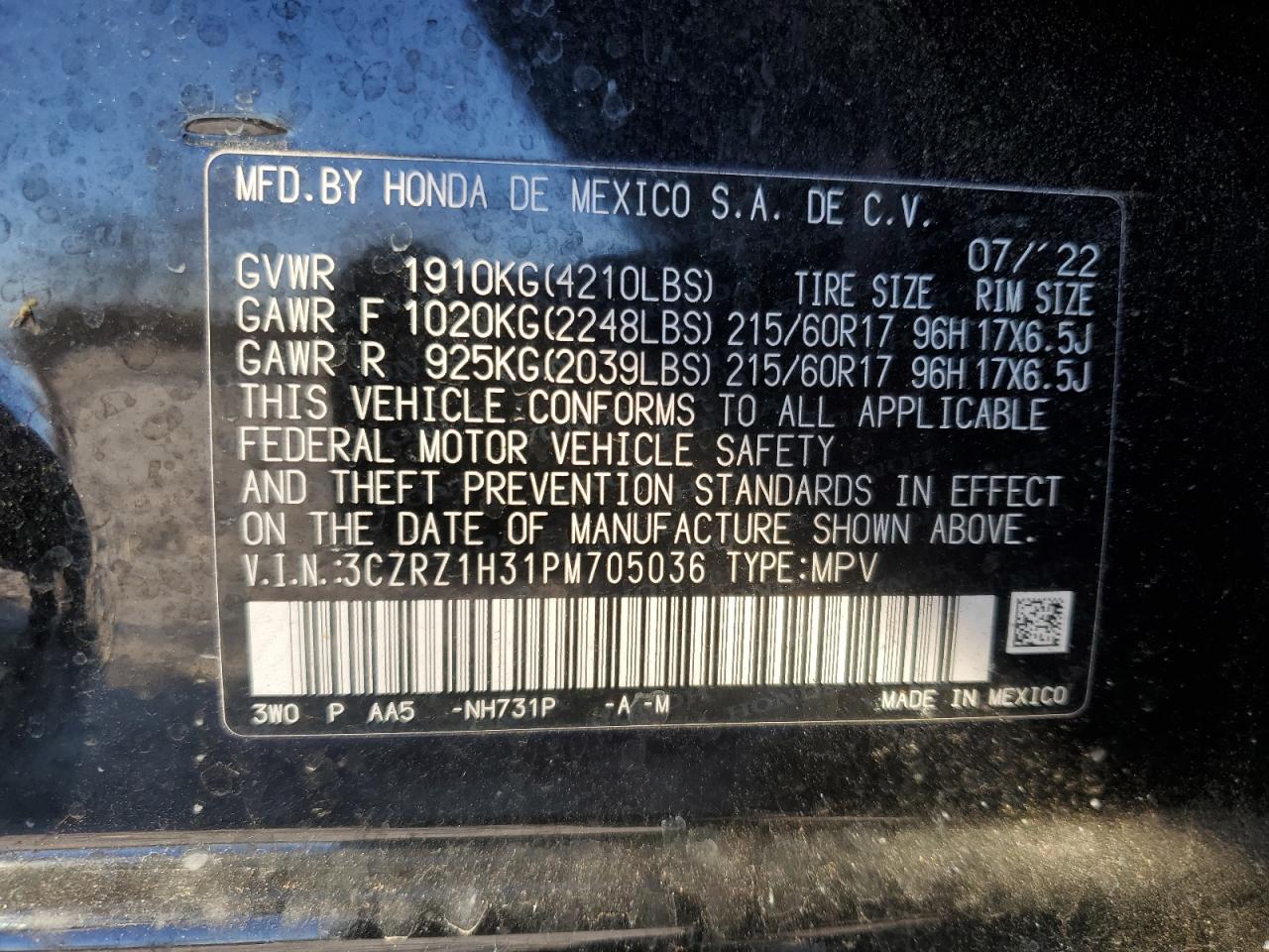2023 HONDA HR-V LX VIN:3CZRZ1H31PM705036