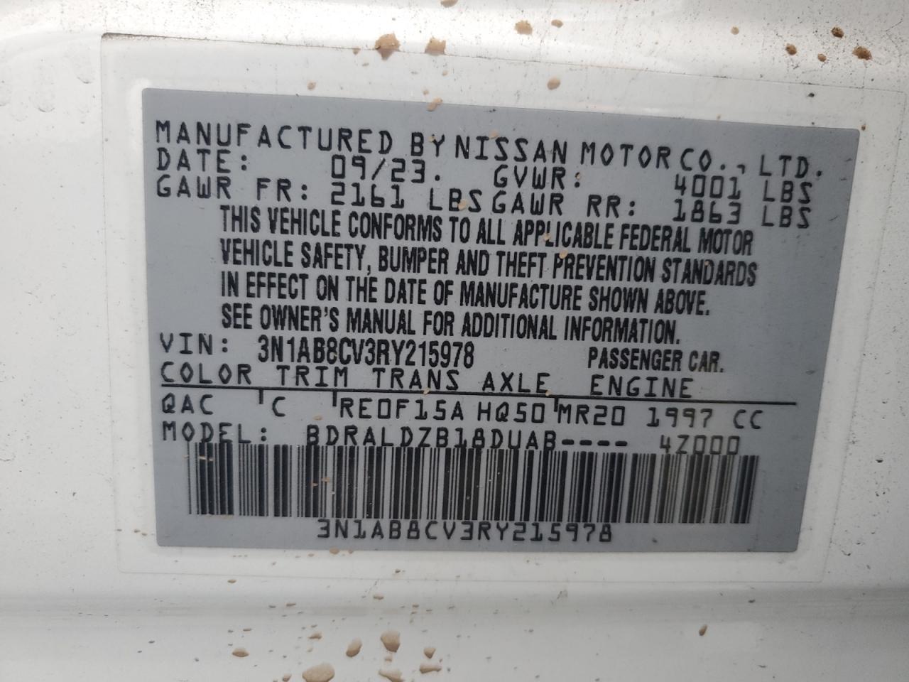 2024 NISSAN SENTRA SV VIN:3N1AB8CV3RY215978