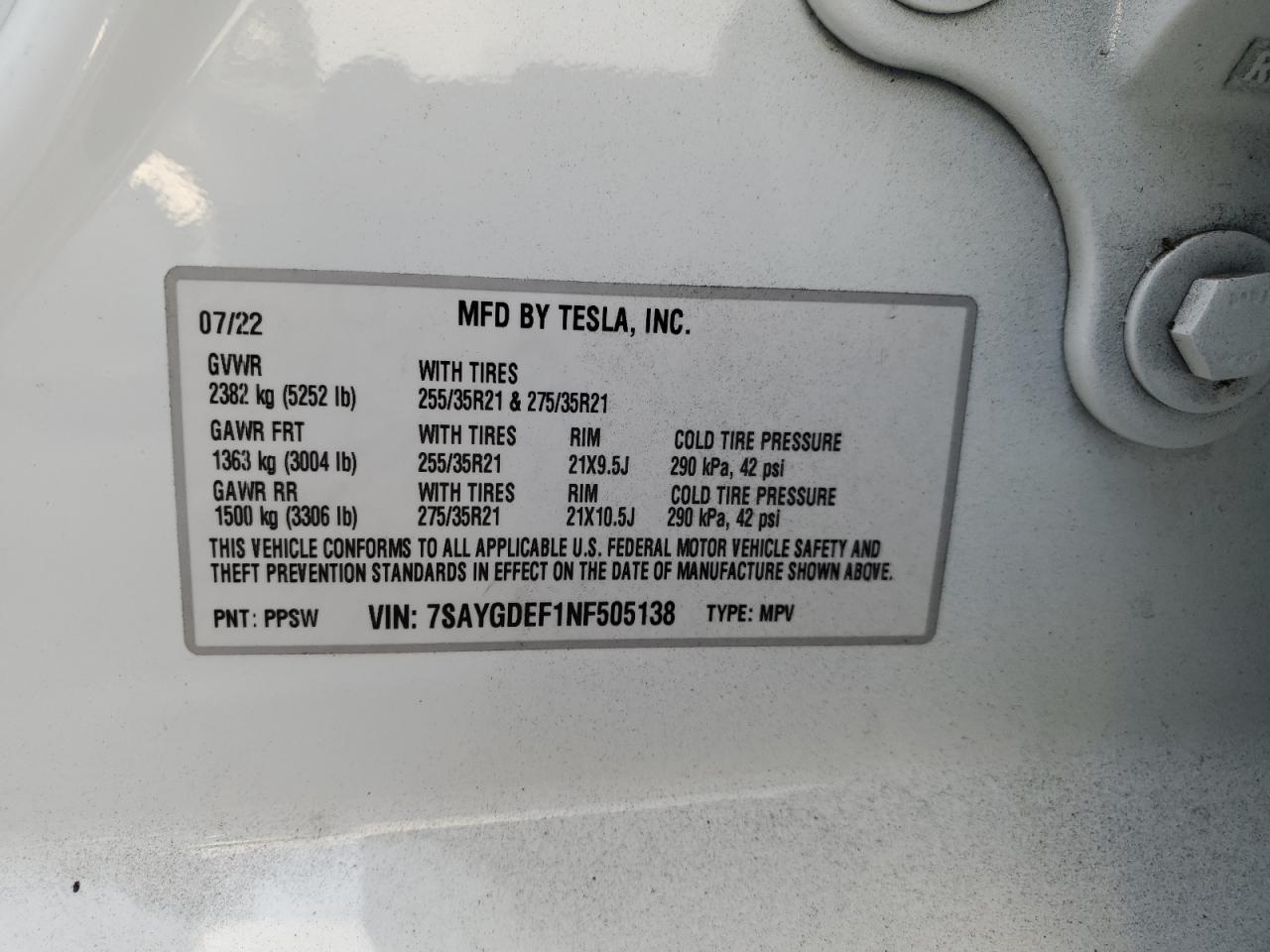 2022 TESLA MODEL Y VIN:KNDJN2A27K7687280