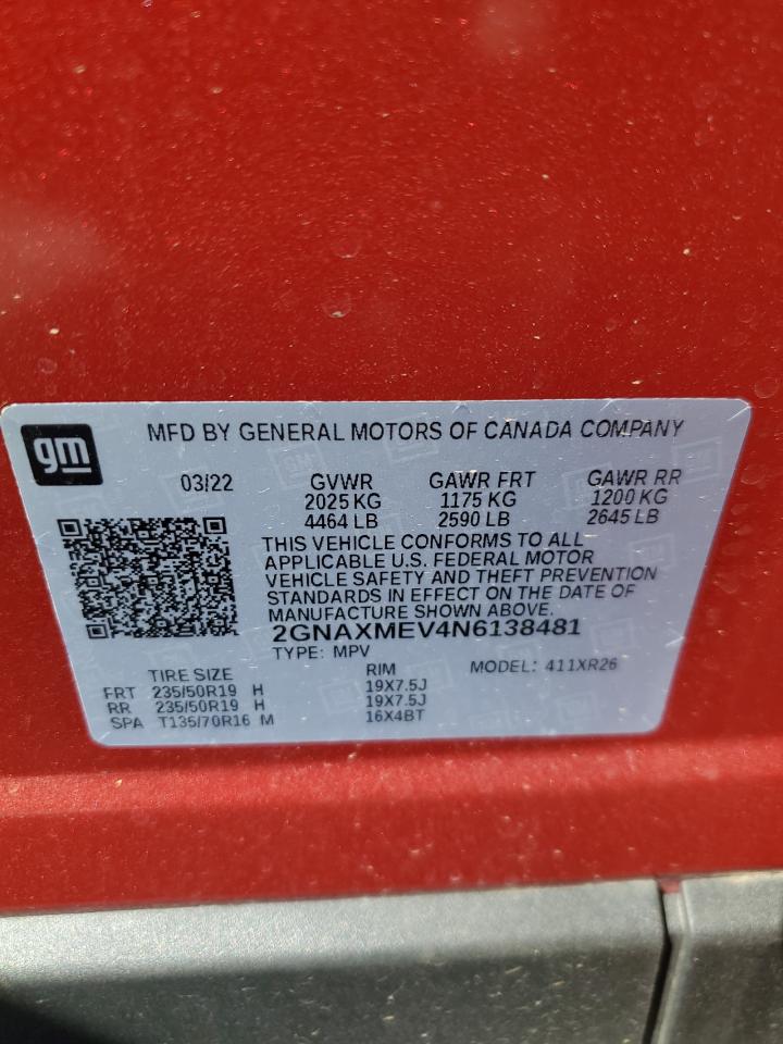 2022 CHEVROLET EQUINOX RS VIN:2GNAXMEV4N6138481