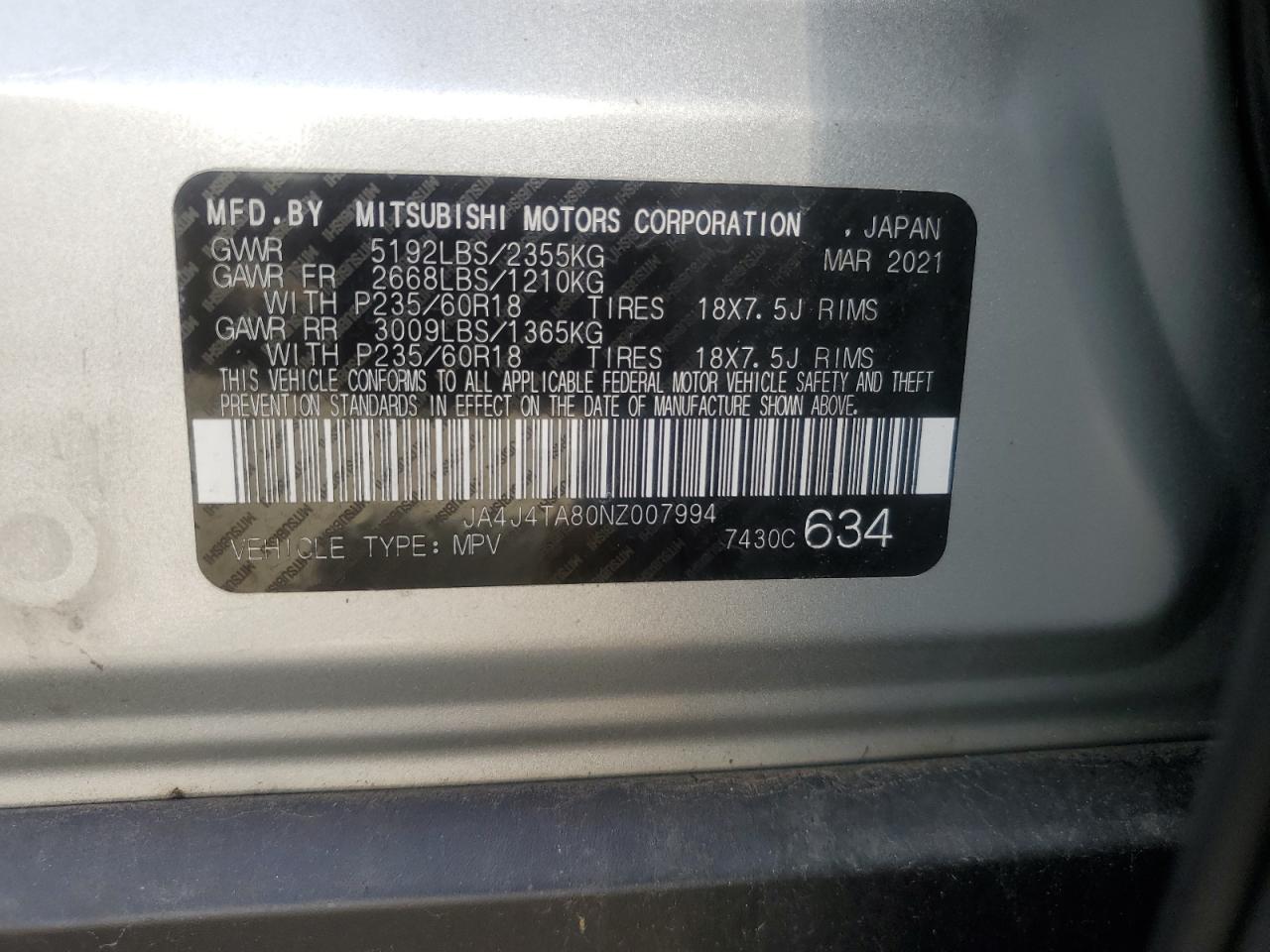 2022 MITSUBISHI OUTLANDER ES VIN:JA4J4TA80NZ007994