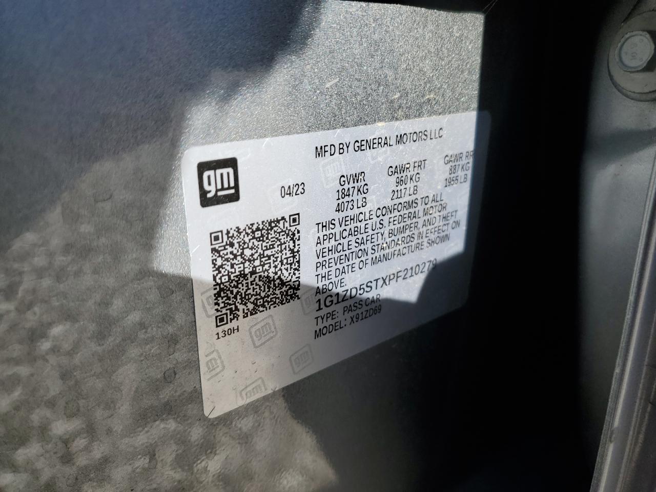 2023 CHEVROLET MALIBU LT VIN:1G1ZD5STXPF210279