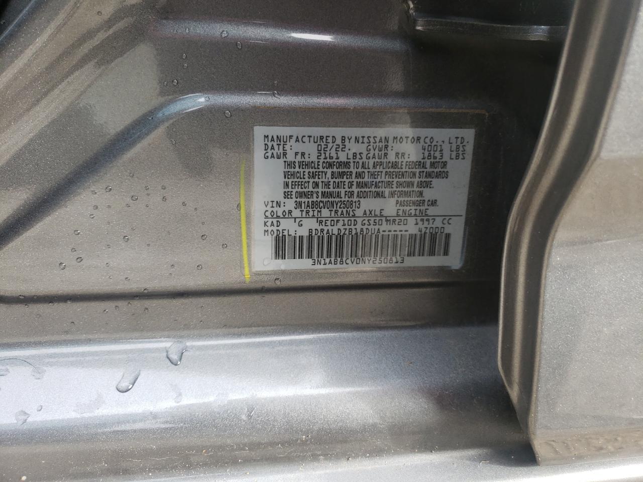 2022 NISSAN SENTRA SV VIN:3N1AB8CV0NY250813