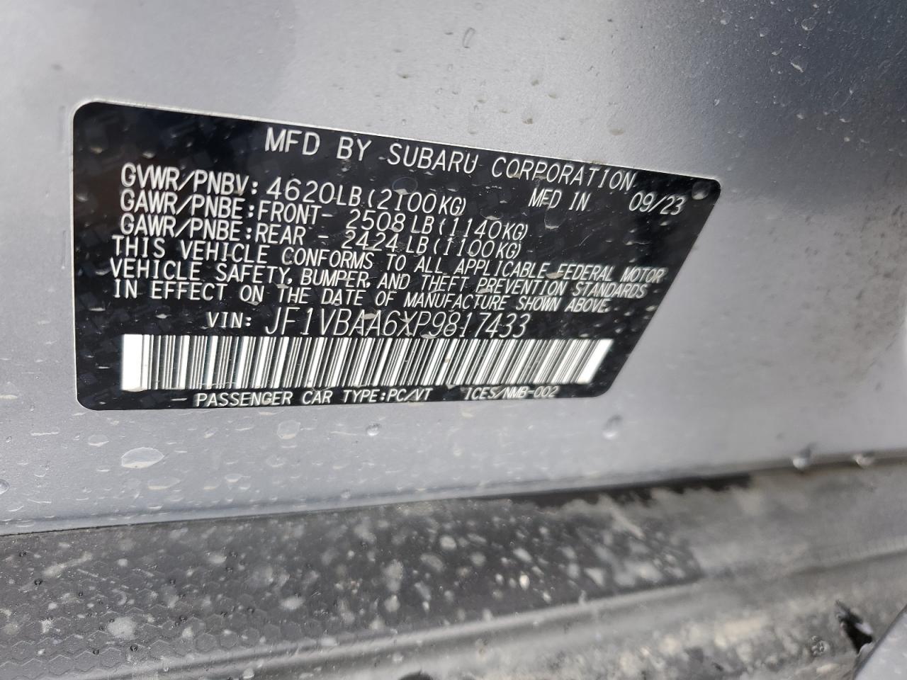 2023 SUBARU WRX VIN:JF1VBAA6XP9817433