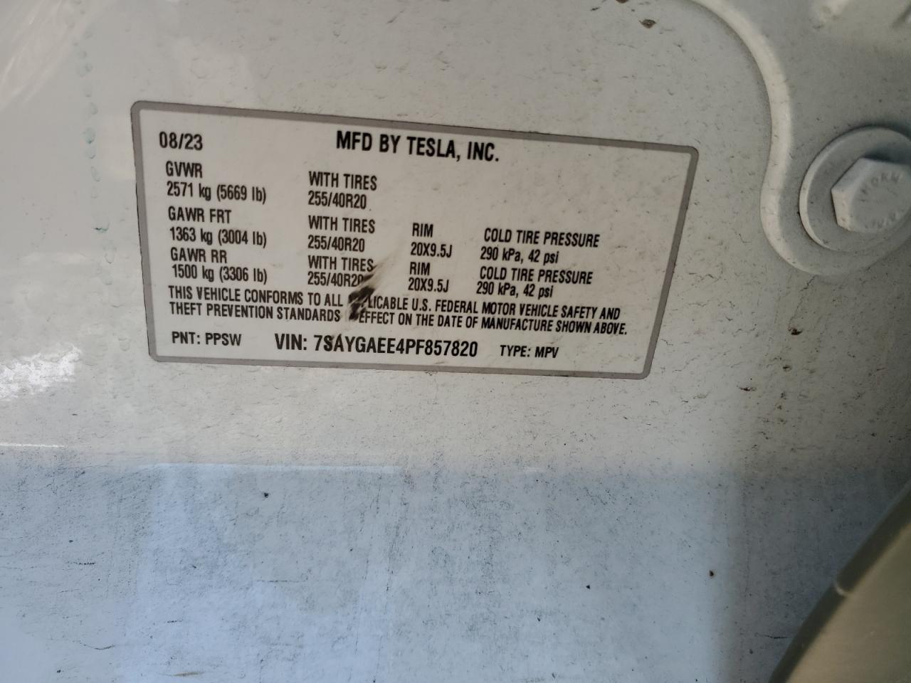 2023 TESLA MODEL Y VIN:7SAYGAEE4PF857820