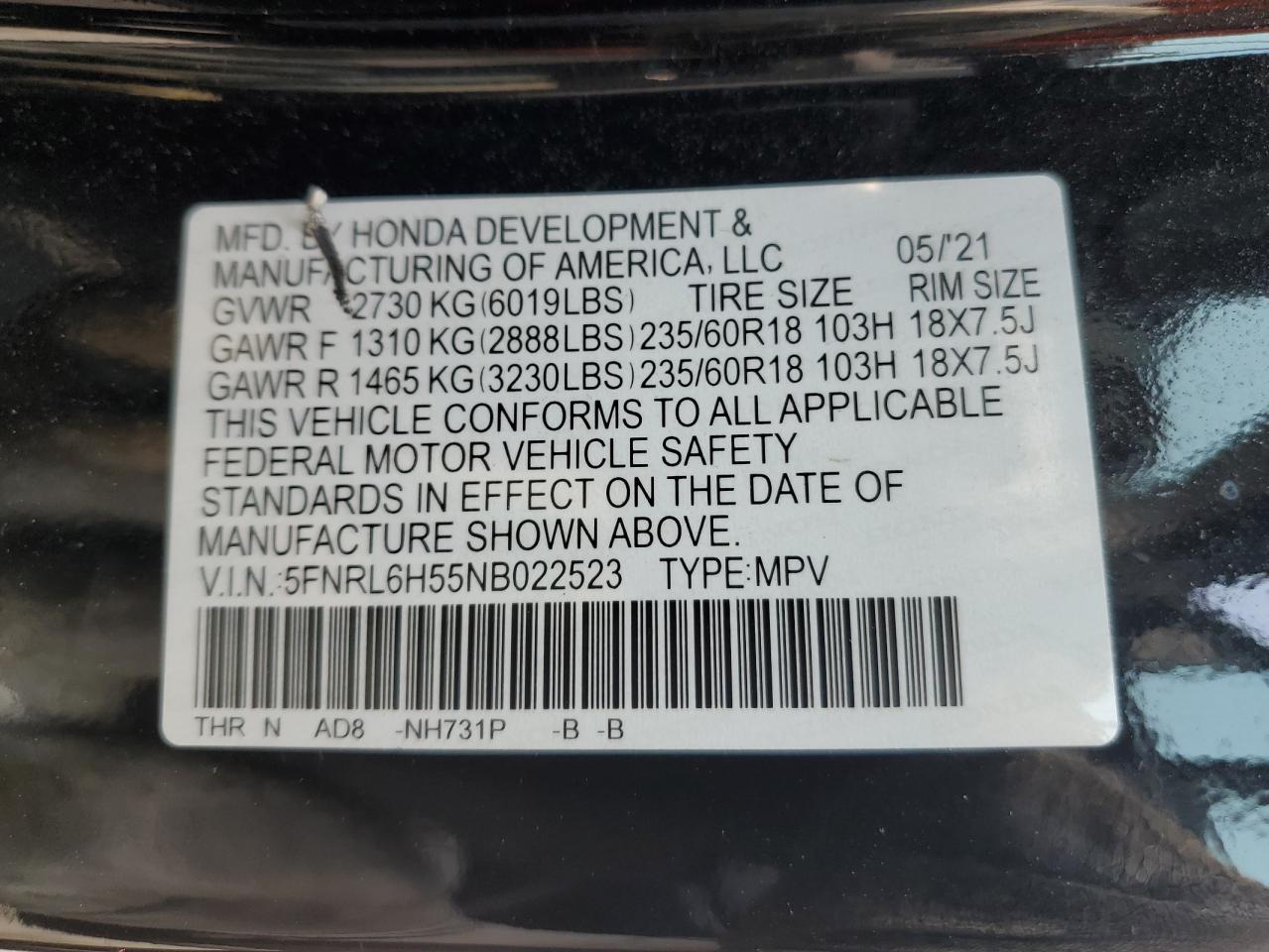 2022 HONDA ODYSSEY EX VIN:5FNRL6H55NB022523