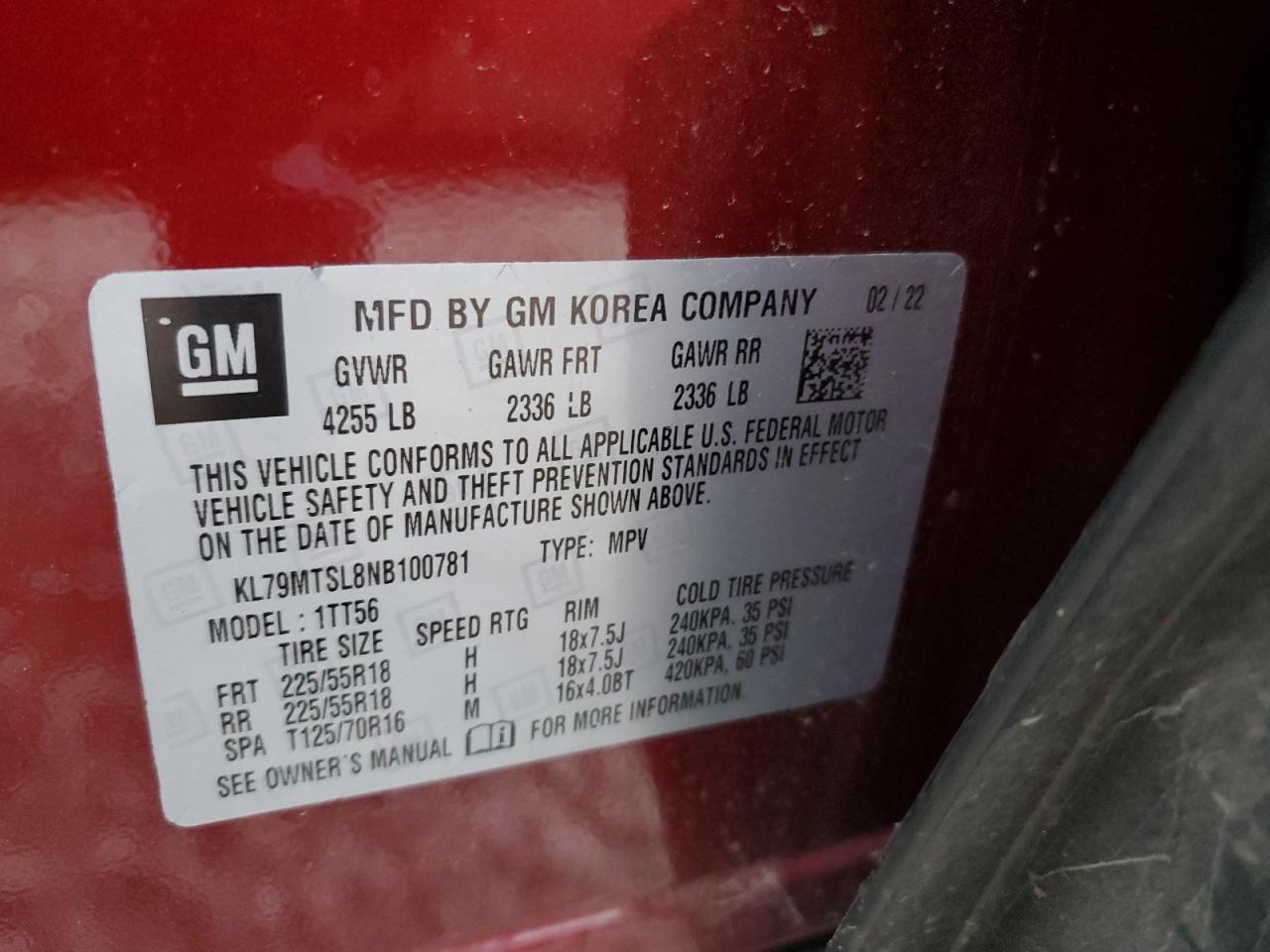 2022 CHEVROLET TRAILBLAZER RS VIN:KL79MTSL8NB100781