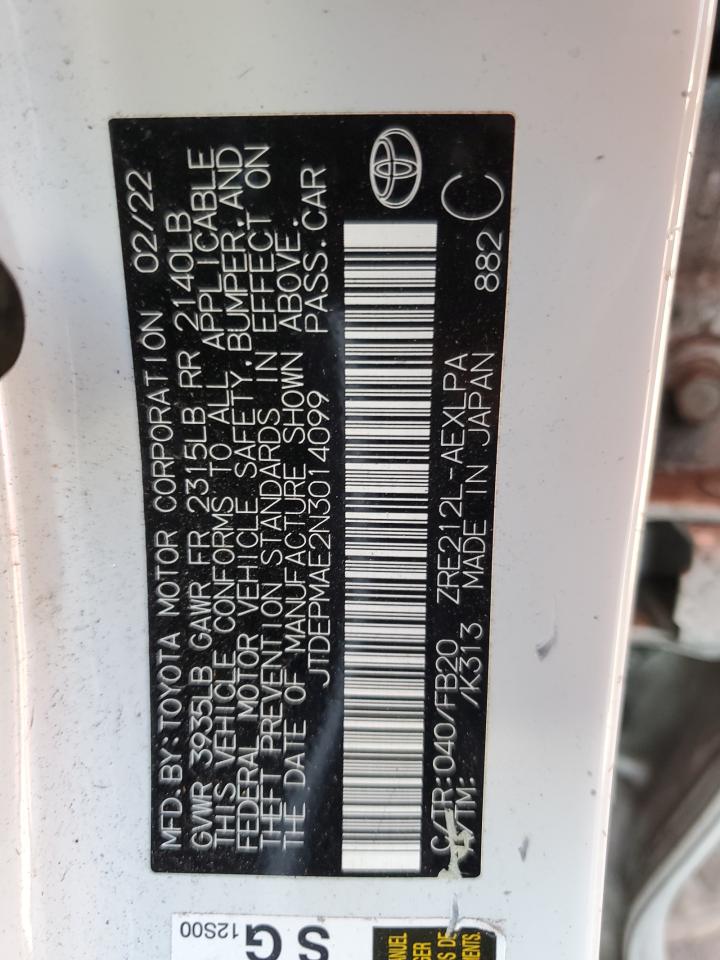 2022 TOYOTA COROLLA LE VIN:JTDEPMAE2N3014099
