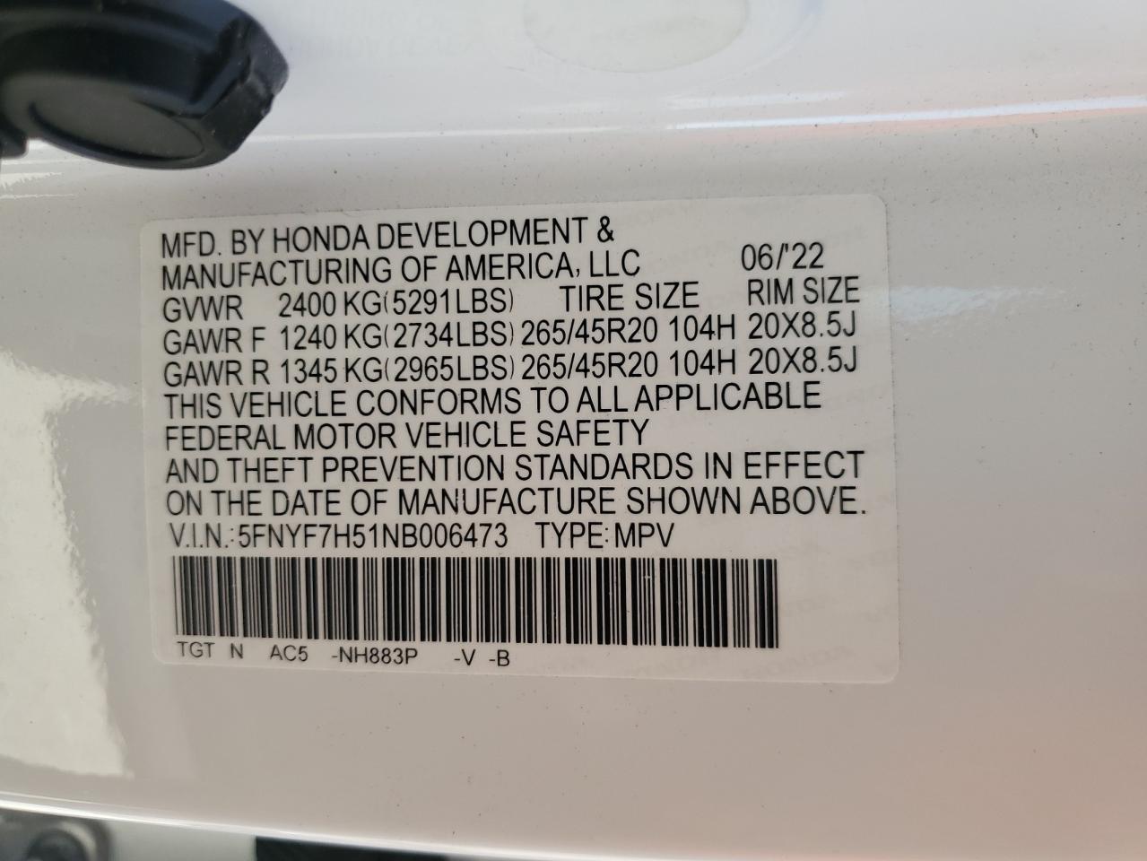 2022 HONDA PASSPORT EXL VIN:5FNYF7H51NB006473