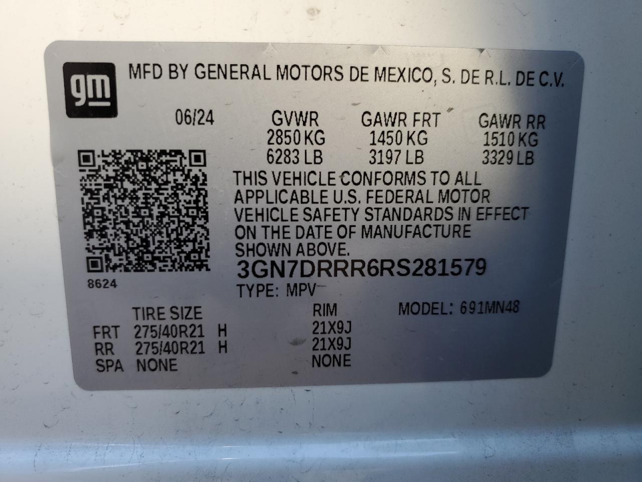 2024 CHEVROLET EQUINOX 3RS VIN:3GN7DRRR6RS281579