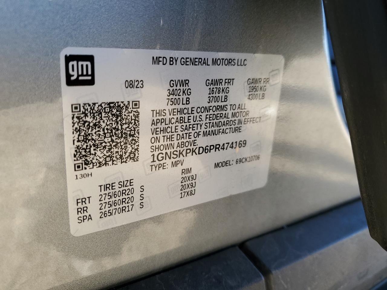 2023 CHEVROLET TAHOE K1500 Z71 VIN:1GNSKPKD6PR474169