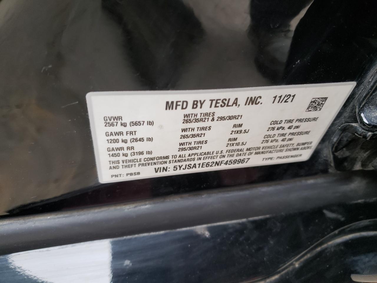 2022 TESLA MODEL S VIN:5YJSA1E62NF459967