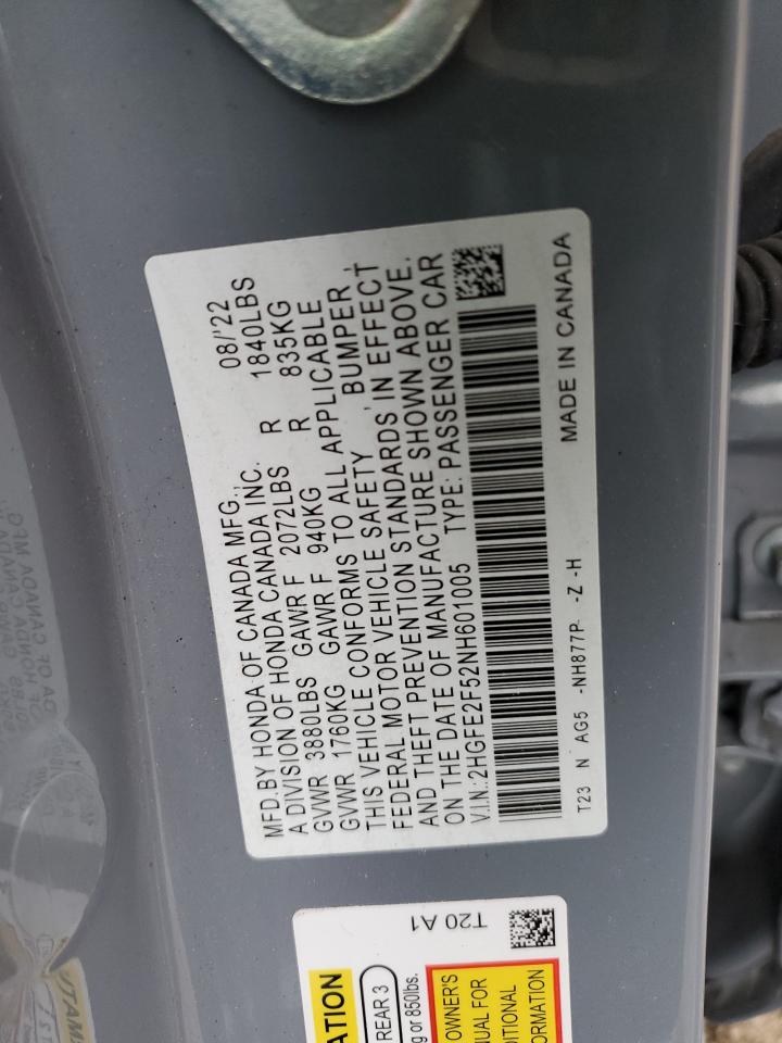 2022 HONDA CIVIC SPORT VIN:2HGFE2F52NH601005