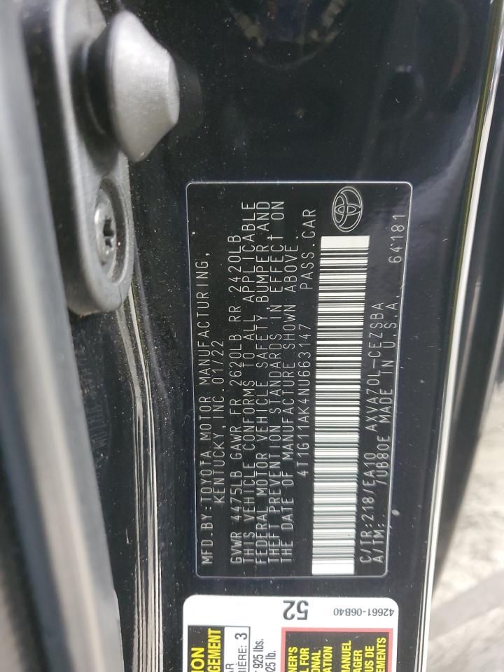 2022 TOYOTA CAMRY SE VIN:4T1G11AK4NU663147