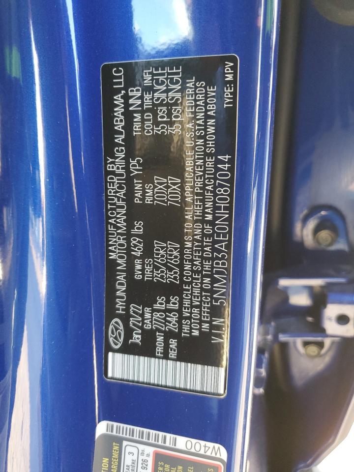 2022 HYUNDAI TUCSON SEL VIN:5NMJB3AE0NH087044