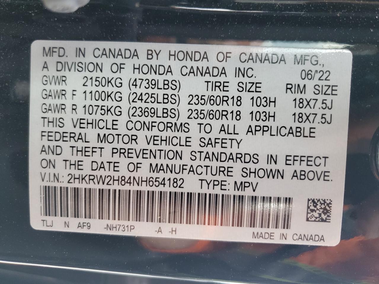 2022 HONDA CR-V EXL VIN:2HKRW2H84NH654182