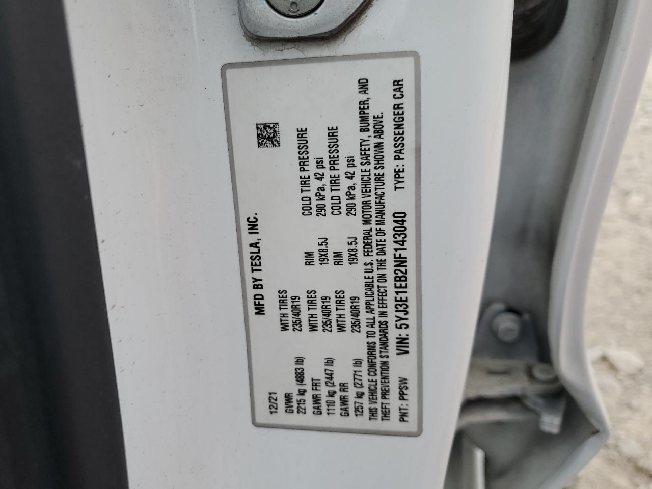 2022 TESLA MODEL 3 VIN:5YJ3E1EB2NF143040