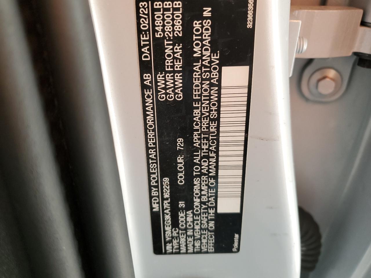 2023 POLESTAR 2 VIN:YSMEG3KA7PL162259