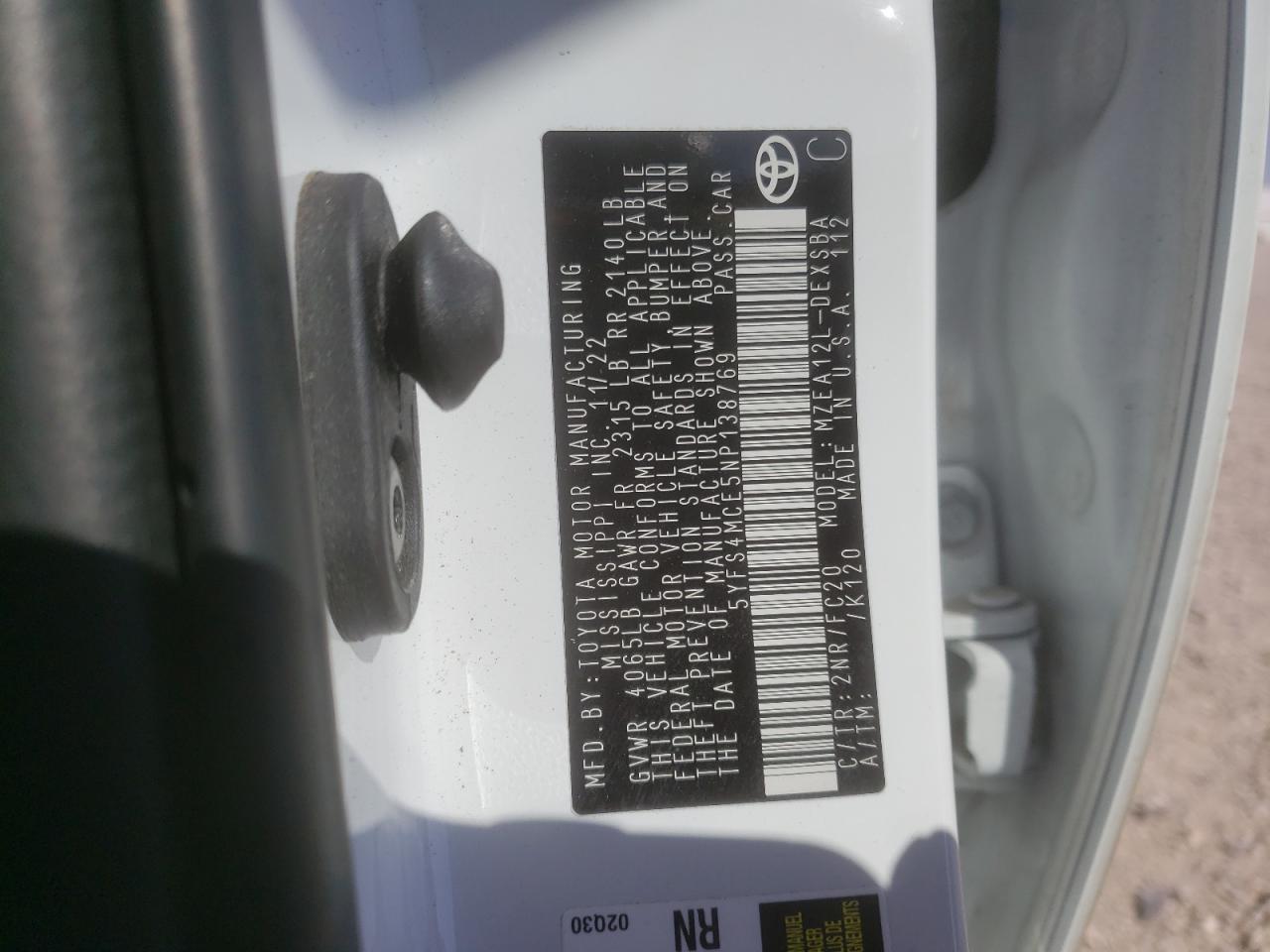 2022 TOYOTA COROLLA SE VIN:5YFS4MCE5NP138769