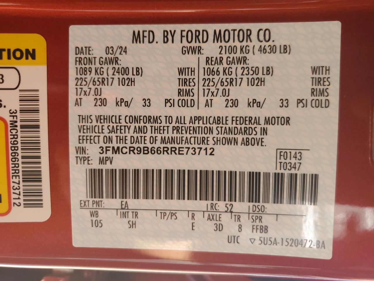 2024 FORD BRONCO SPORT BIG BEND VIN:3FMCR9B66RRE73712