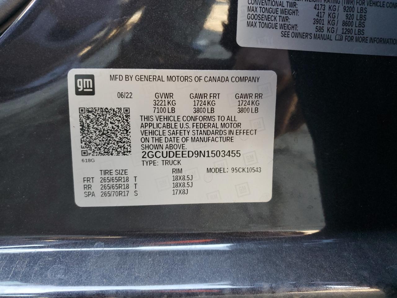 2022 CHEVROLET SILVERADO K1500 RST VIN:2GCUDEED9N1503455