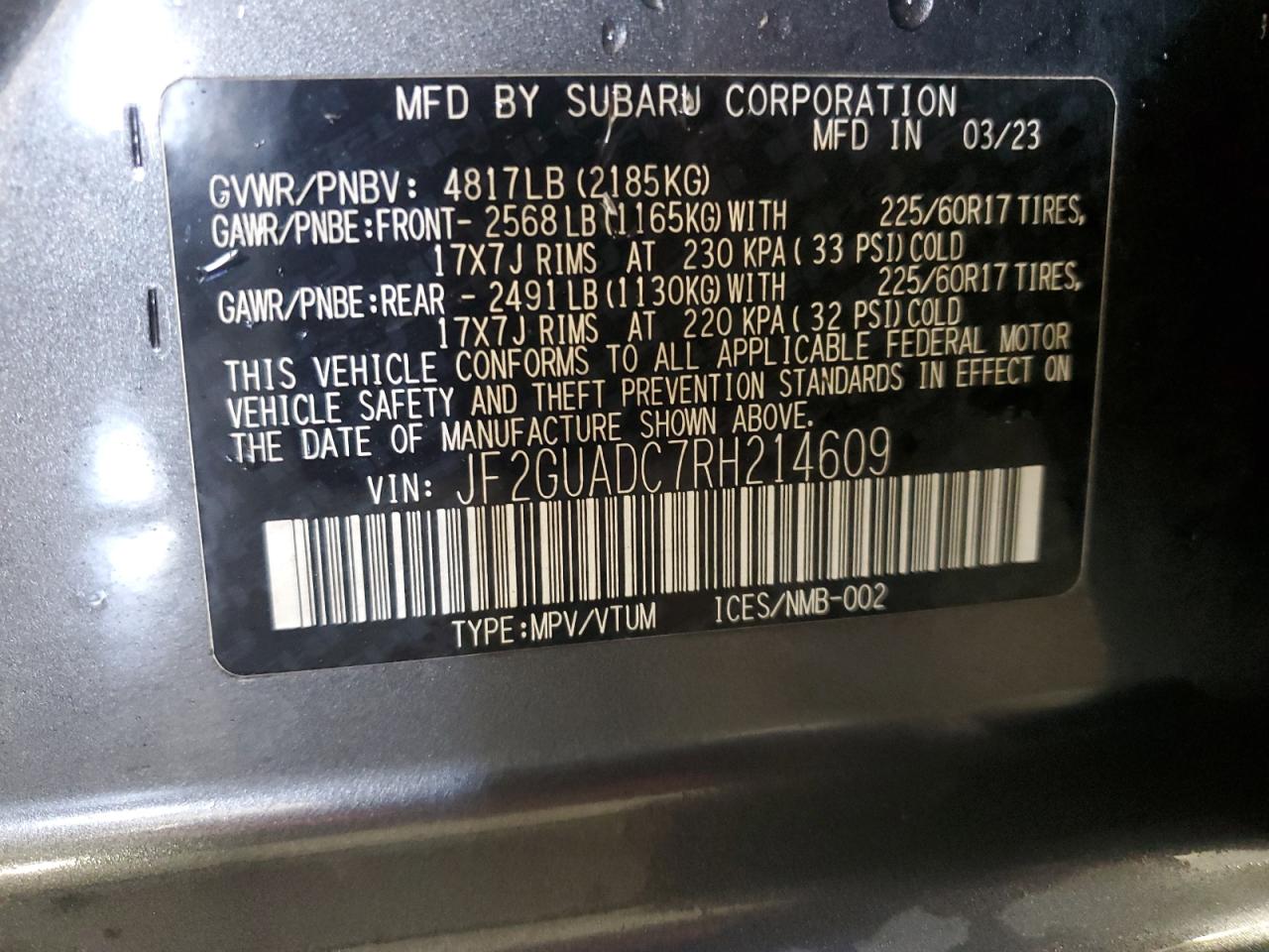 2024 SUBARU CROSSTREK PREMIUM VIN:JF2GUADC7RH214609