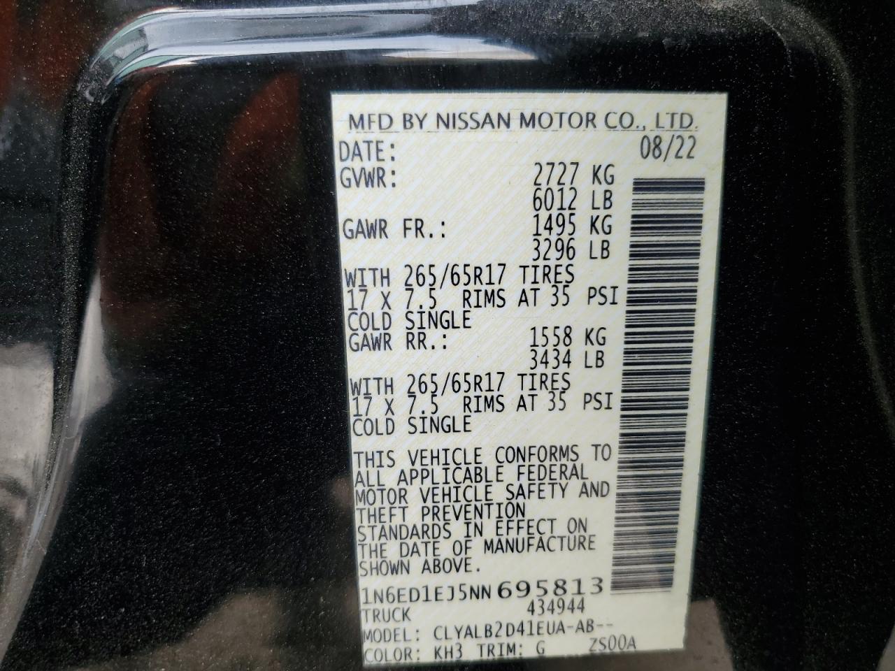 2022 NISSAN FRONTIER S VIN:1N6ED1EJ5NN695813