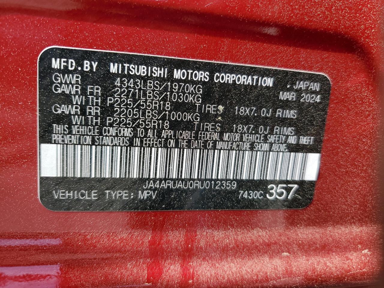 2024 MITSUBISHI OUTLANDER SPORT S/SE VIN:JA4ARUAU0RU012359