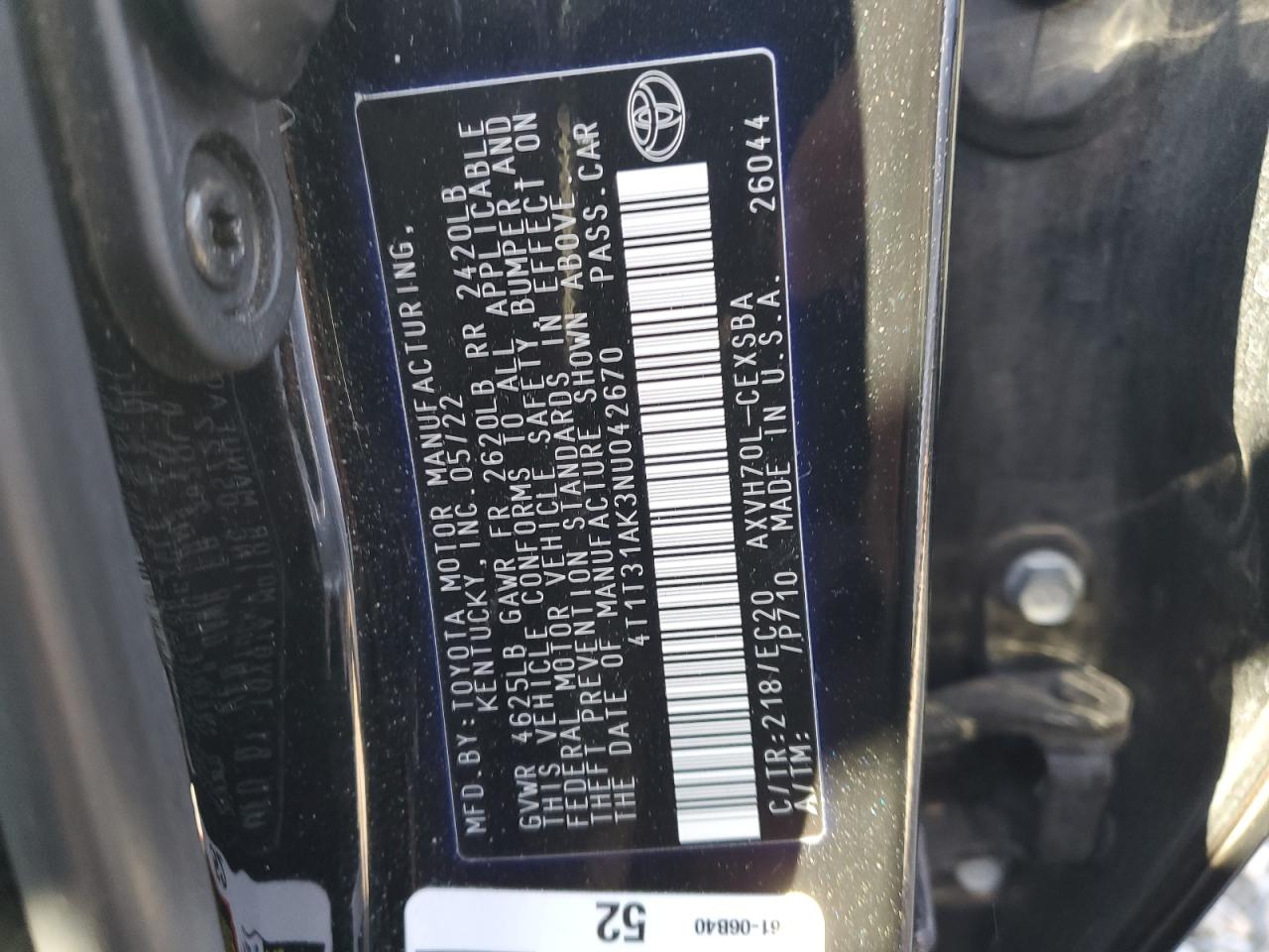2022 TOYOTA CAMRY NIGHT SHADE VIN:4T1T31AK3NU042670