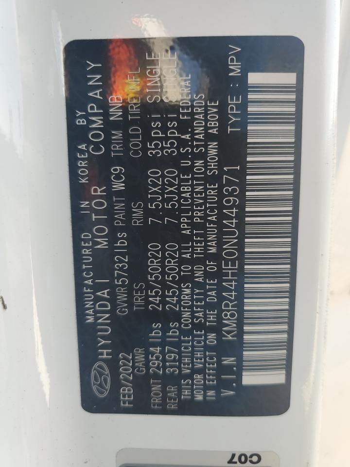 2022 HYUNDAI PALISADE SEL VIN:KM8R44HE0NU449371